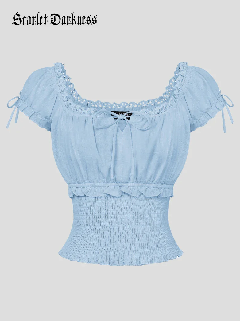 100% Cotton Renaissance Smocked Waist Peasant Tops - Image 35