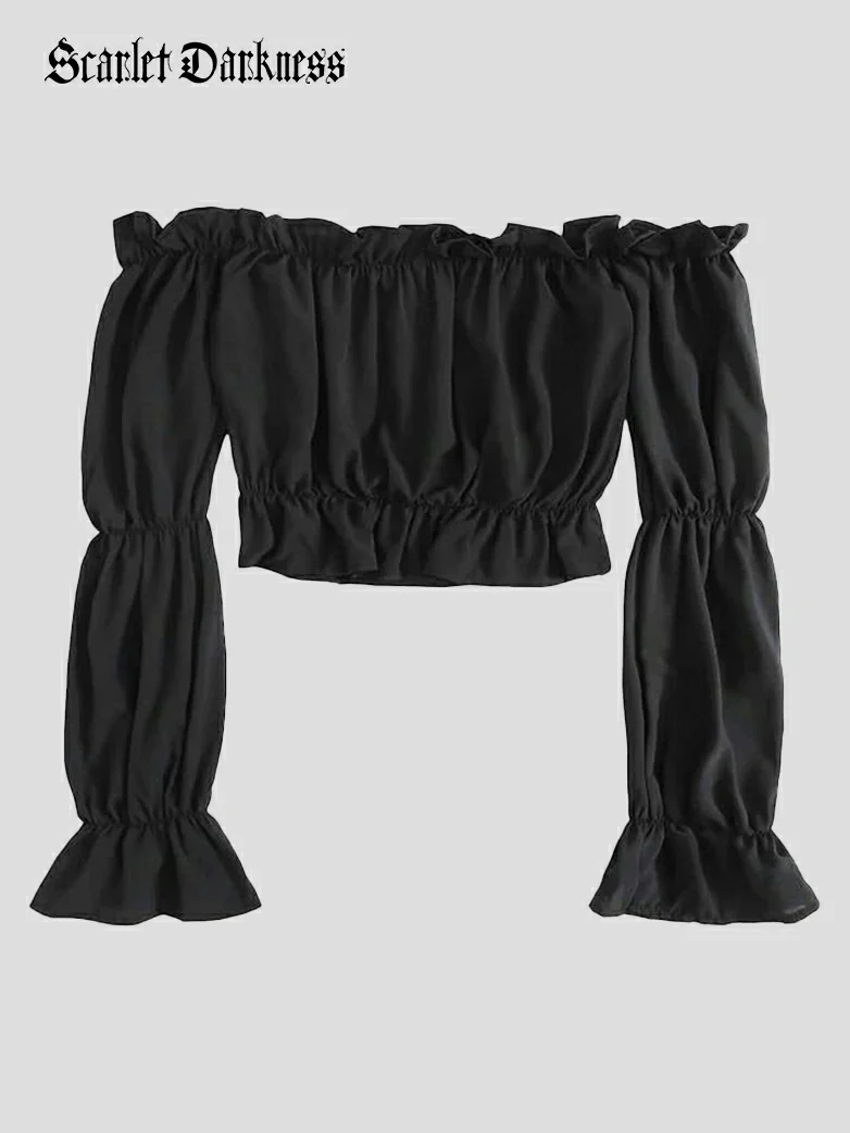 Women's Off Shoulder Ruffle Trim Puff Shirt Top - Image 10