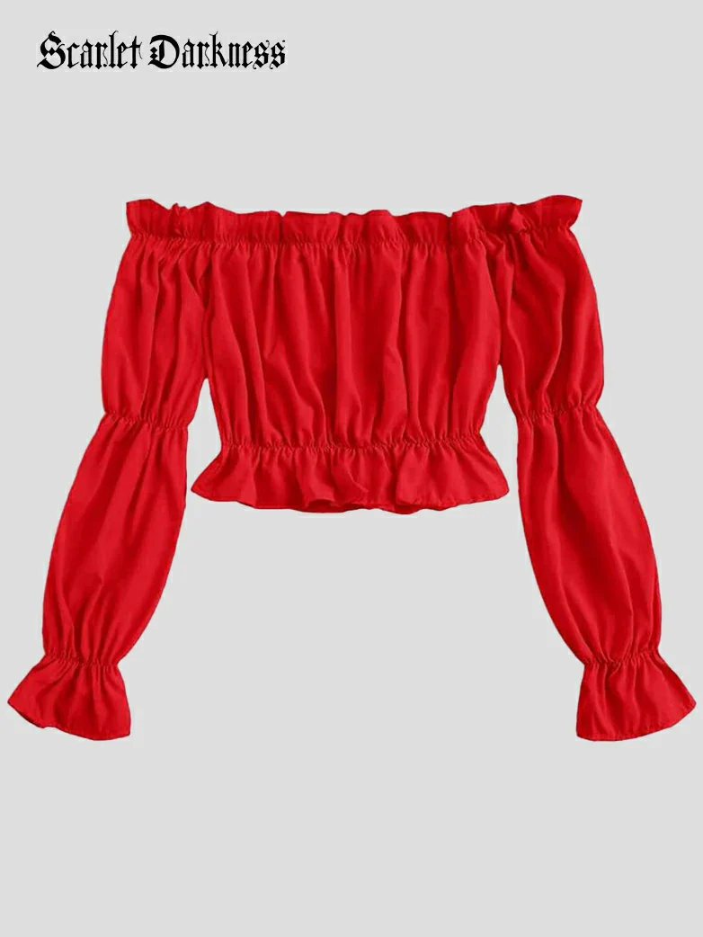 Women's Off Shoulder Ruffle Trim Puff Shirt Top - Image 4