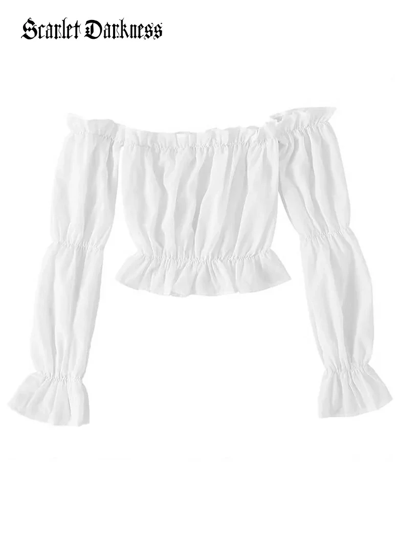 Women's Off Shoulder Ruffle Trim Puff Shirt Top - Image 5