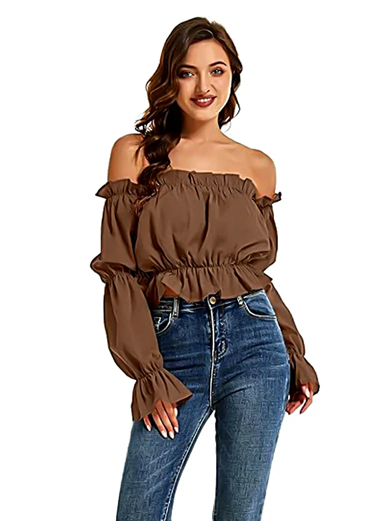Women's Off Shoulder Ruffle Trim Puff Shirt Top - Image 7