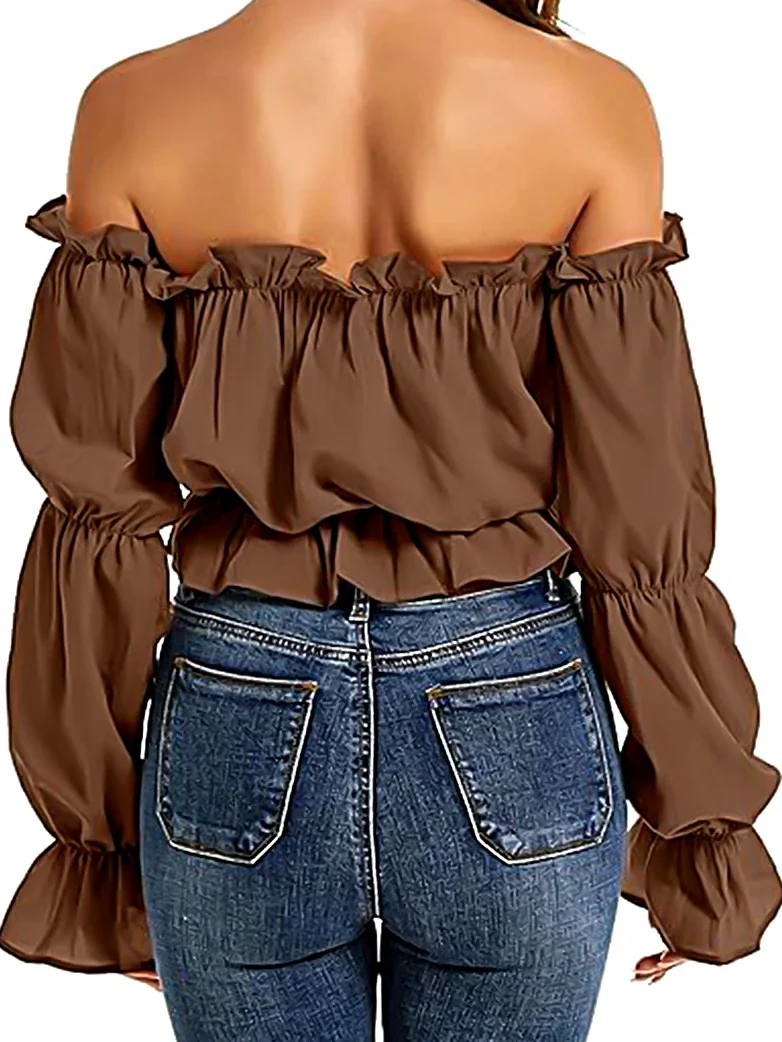 Women's Off Shoulder Ruffle Trim Puff Shirt Top - Image 8