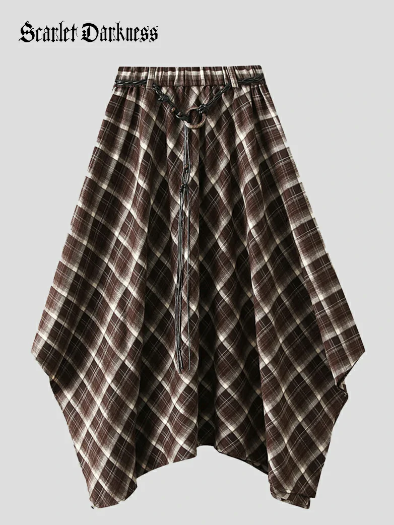 2025 Retro Plaid Irregular Midi Skirt with Tie