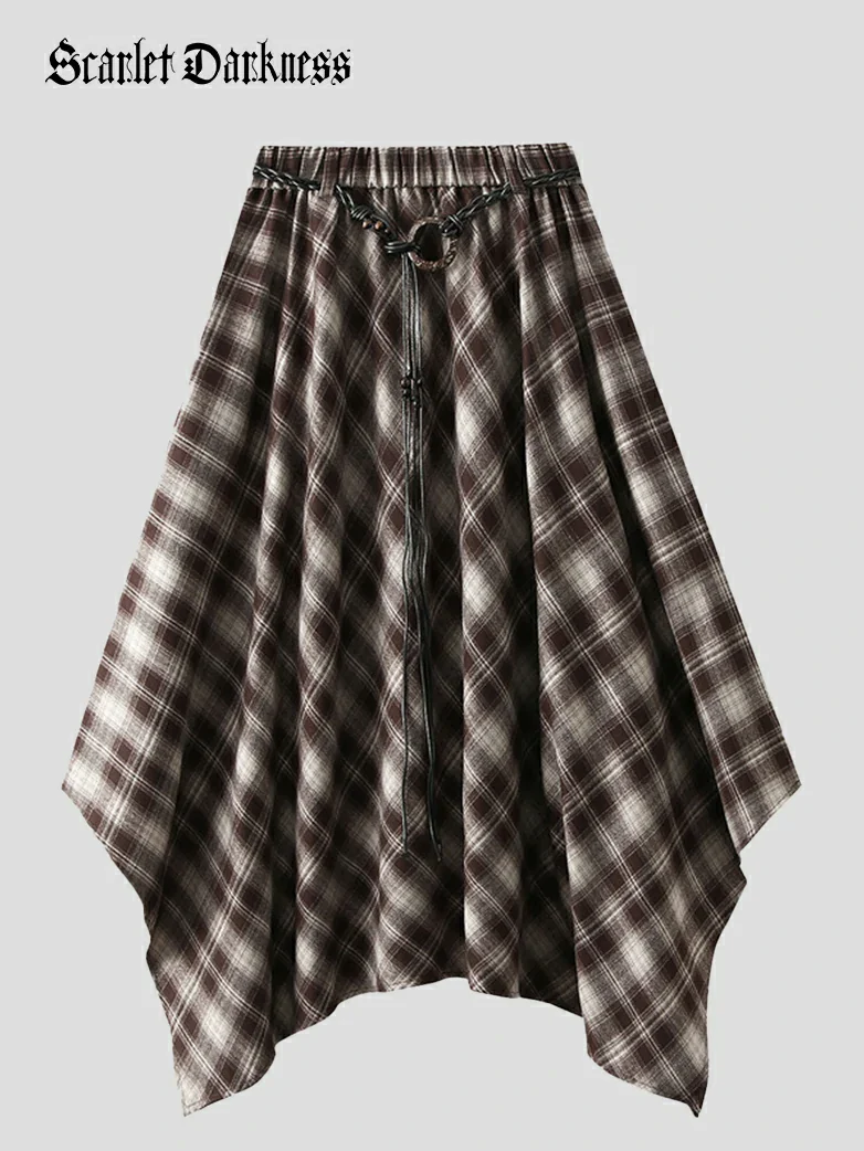 2025 Retro Plaid Irregular Midi Skirt with Tie - Image 3