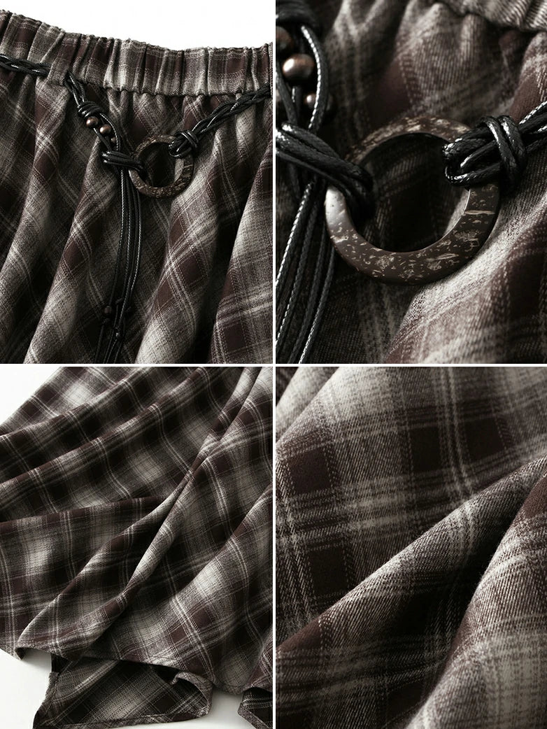 2025 Retro Plaid Irregular Midi Skirt with Tie - Image 4