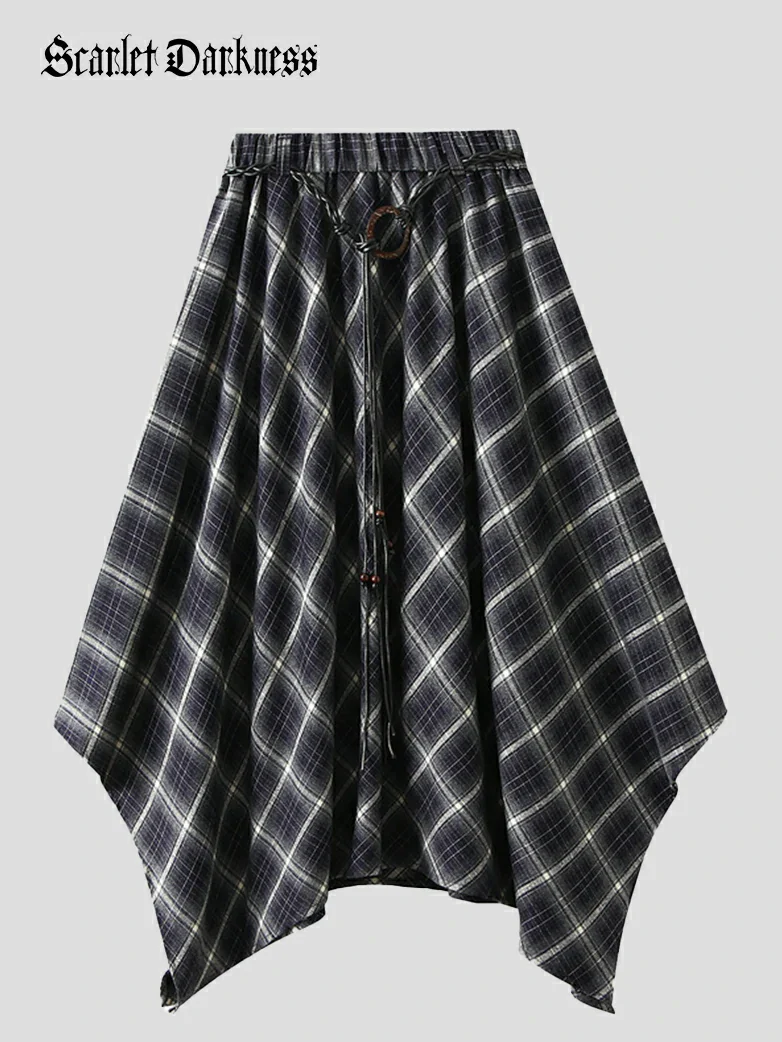 2025 Retro Plaid Irregular Midi Skirt with Tie - Image 5