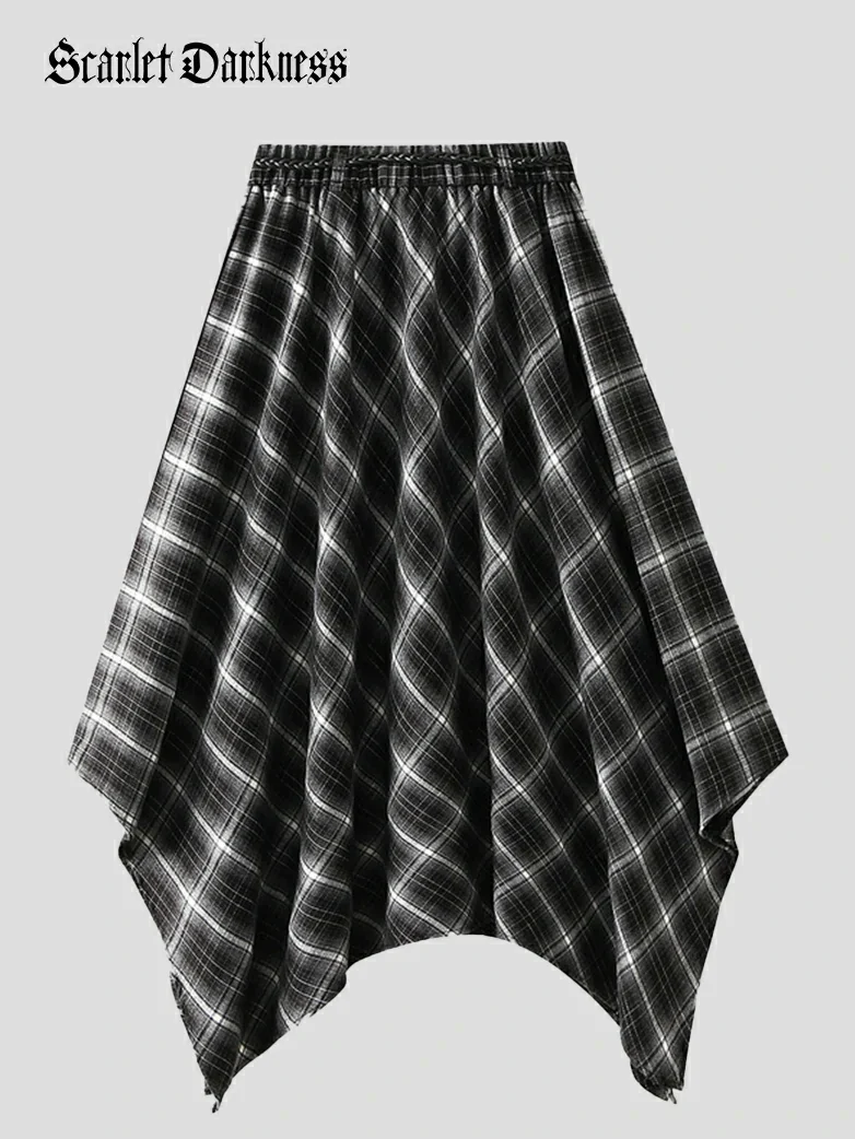 2025 Retro Plaid Irregular Midi Skirt with Tie - Image 6