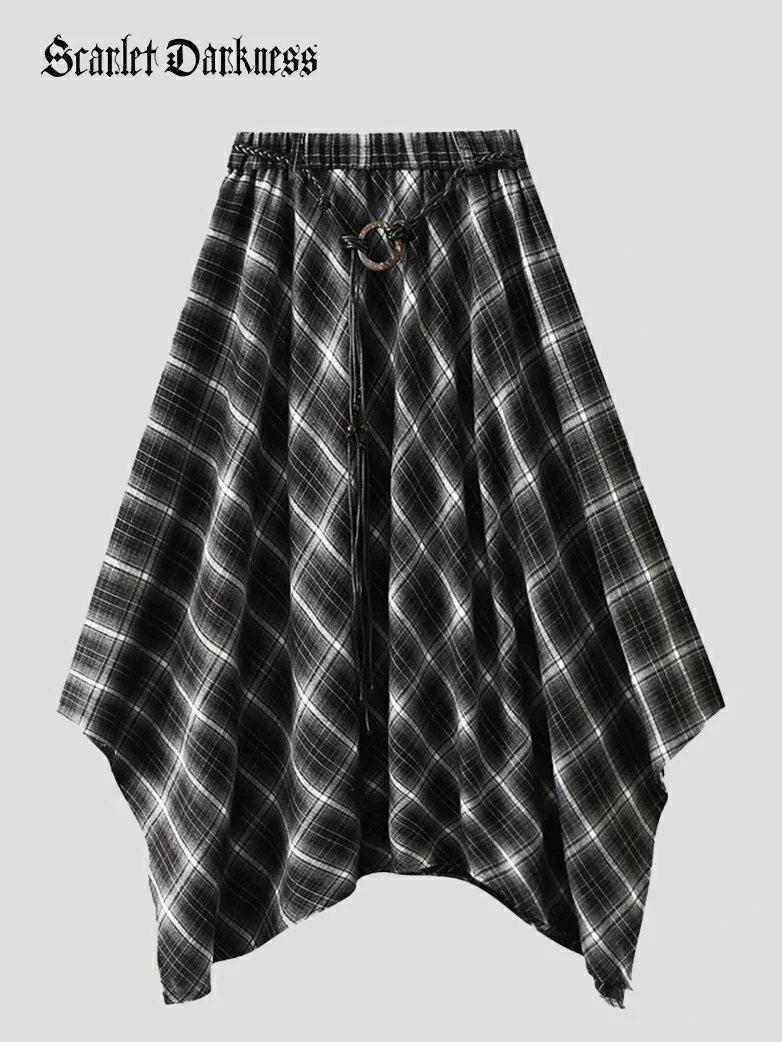2025 Retro Plaid Irregular Midi Skirt with Tie - Image 8