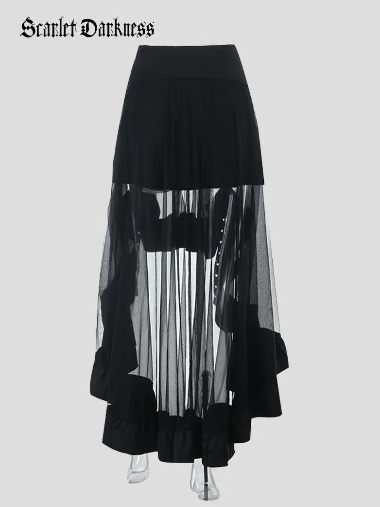 Black Gothic Irregular Mesh Midi Skirt - Image 2