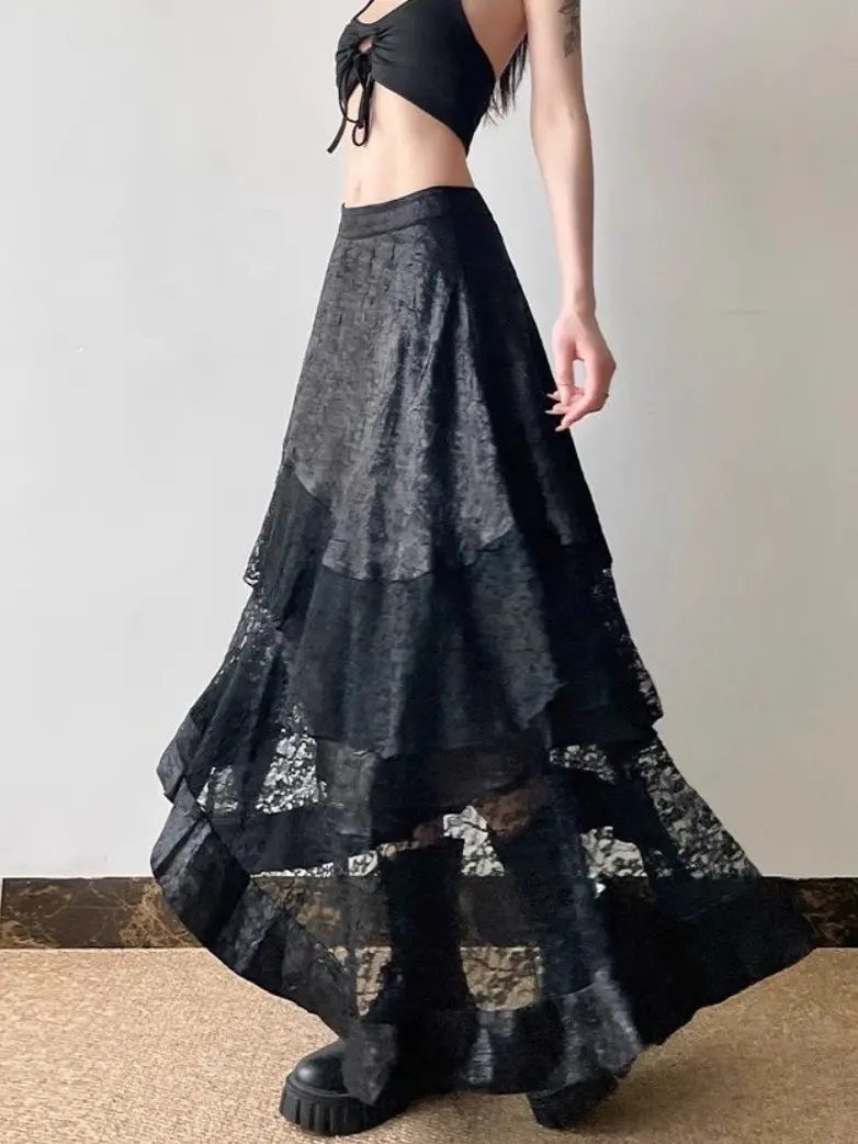 Gothic Lace Tiered Asymmetrical Maxi Skirt - Image 4