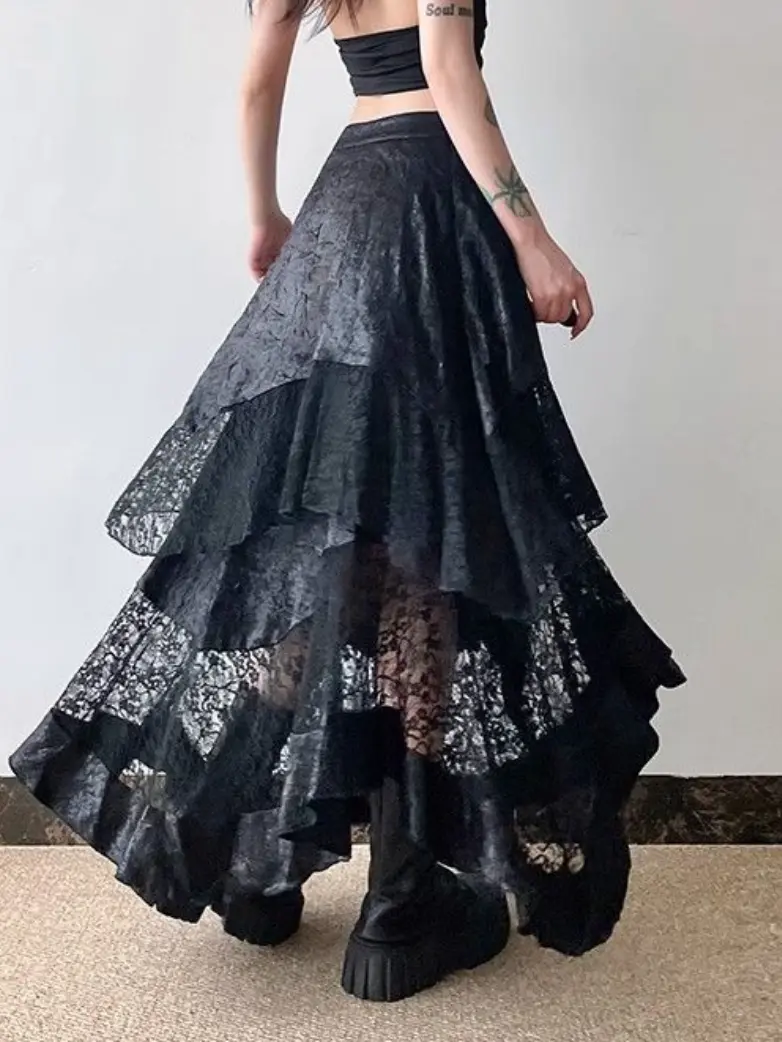 Gothic Lace Tiered Asymmetrical Maxi Skirt - Image 6