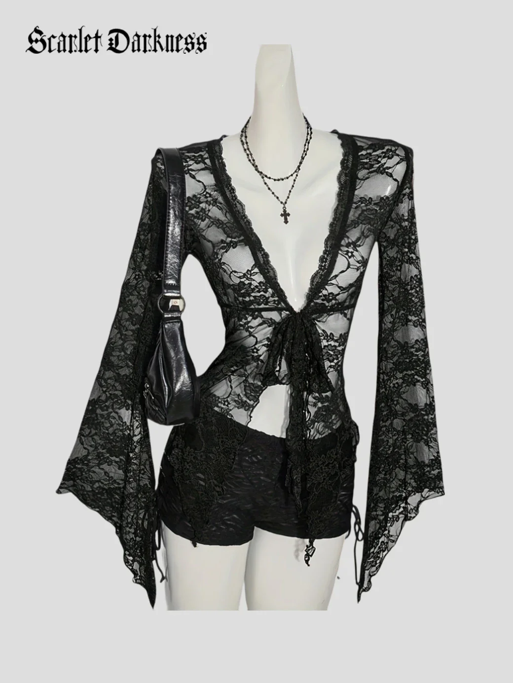 Gothic Punk Lace Mesh Bell-Sleeve Open Cardigan