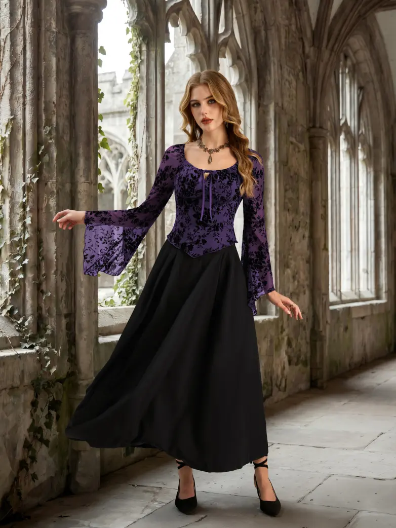 Gothic Flocking Fabric Top with Bell Sleeves - Image 15