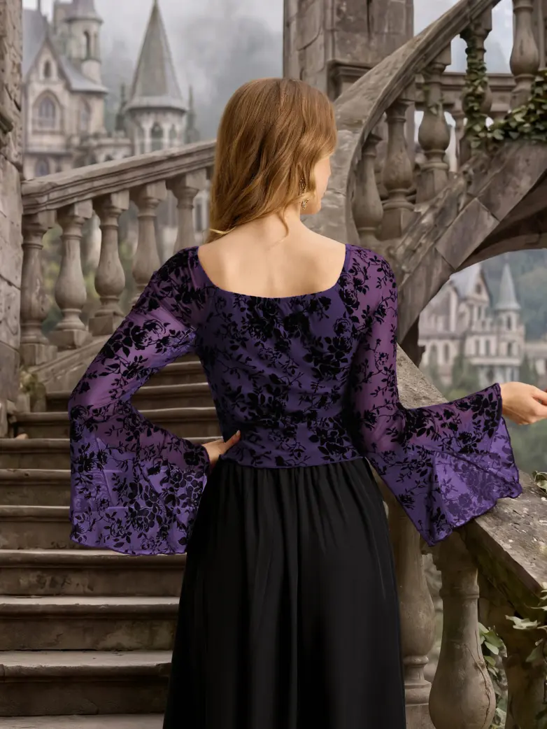 Gothic Flocking Fabric Top with Bell Sleeves - Image 16