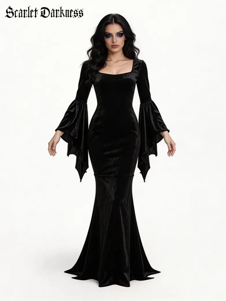 Gothic Velvet Bat Sleeve Mermaid Maxi Dress - Image 2