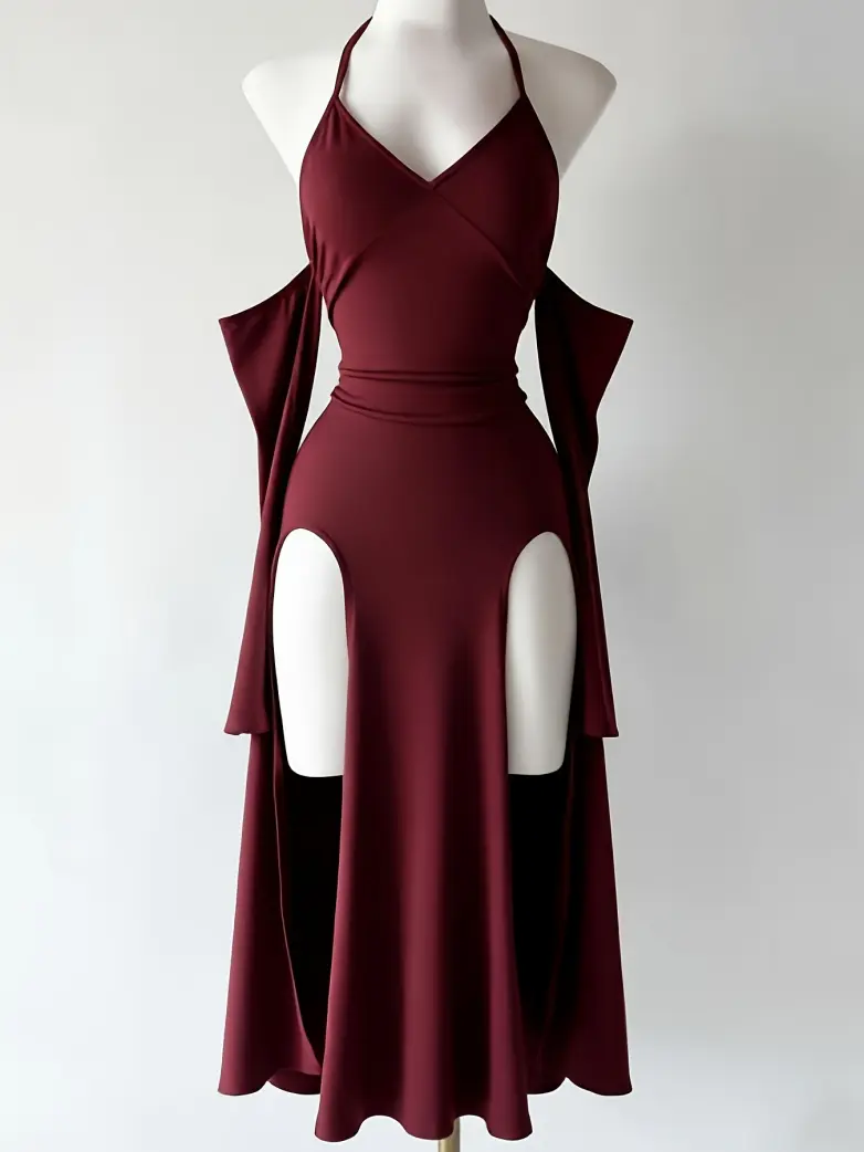 Gothic Vintage Long Sleeve Halter Maxi Dress - Image 3