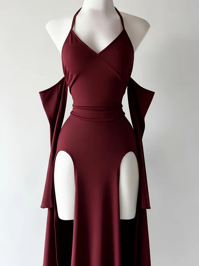 Gothic Vintage Long Sleeve Halter Maxi Dress - Image 4