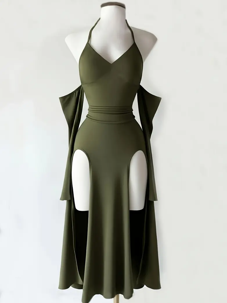 Gothic Vintage Long Sleeve Halter Maxi Dress - Image 6