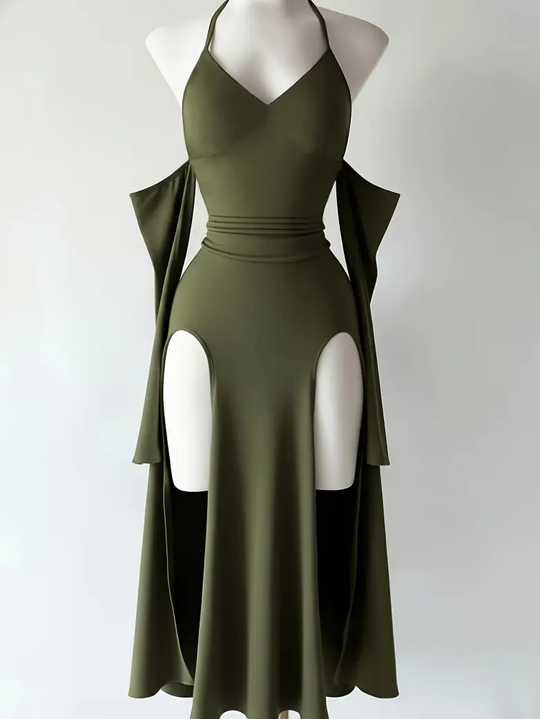 Gothic Vintage Long Sleeve Halter Maxi Dress - Image 7