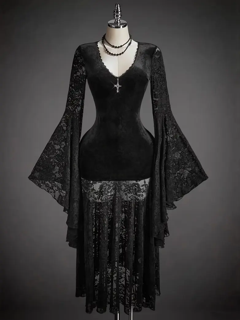 Gothic Witch Velvet Floral Lace Maxi Dress - Image 2