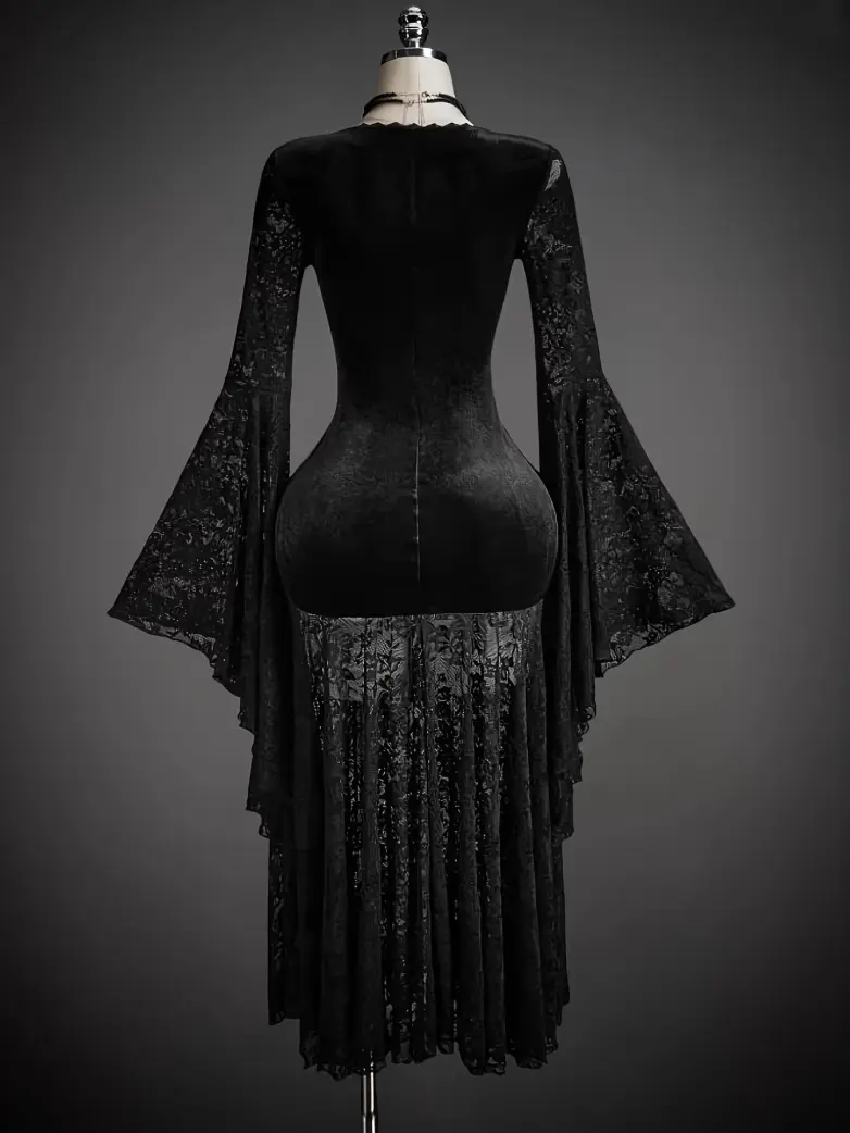 Gothic Witch Velvet Floral Lace Maxi Dress - Image 3