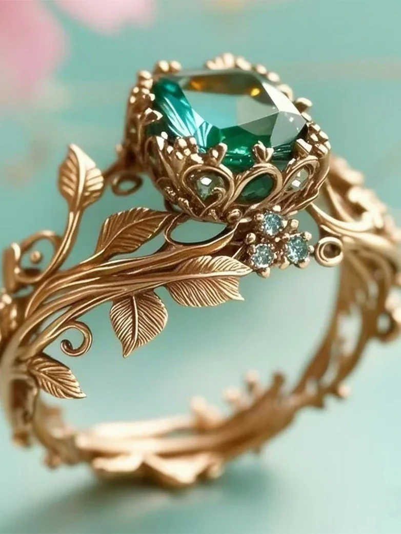 Medieval Fantasy Green Crystal Thorn Leaf Totem Ring - Image 3
