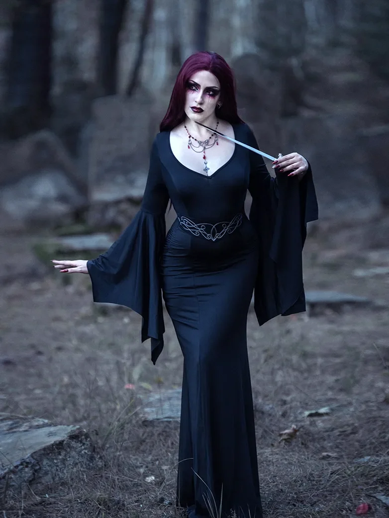 Morticia Addams Gothic Bat Sleeve Maxi Bodycon Dress - Image 2