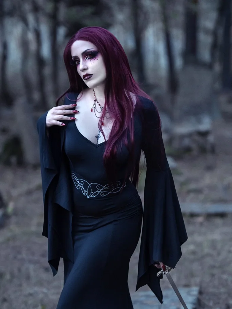 Morticia Addams Gothic Bat Sleeve Maxi Bodycon Dress - Image 3