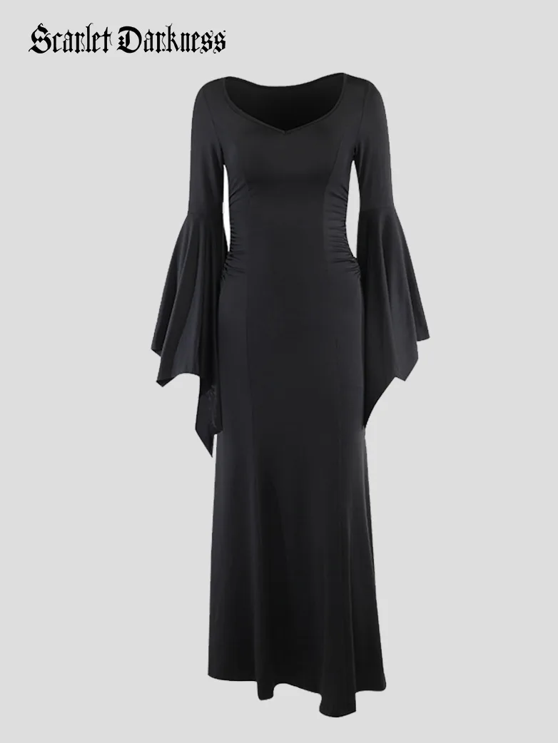 Morticia Addams Gothic Bat Sleeve Maxi Bodycon Dress - Image 6