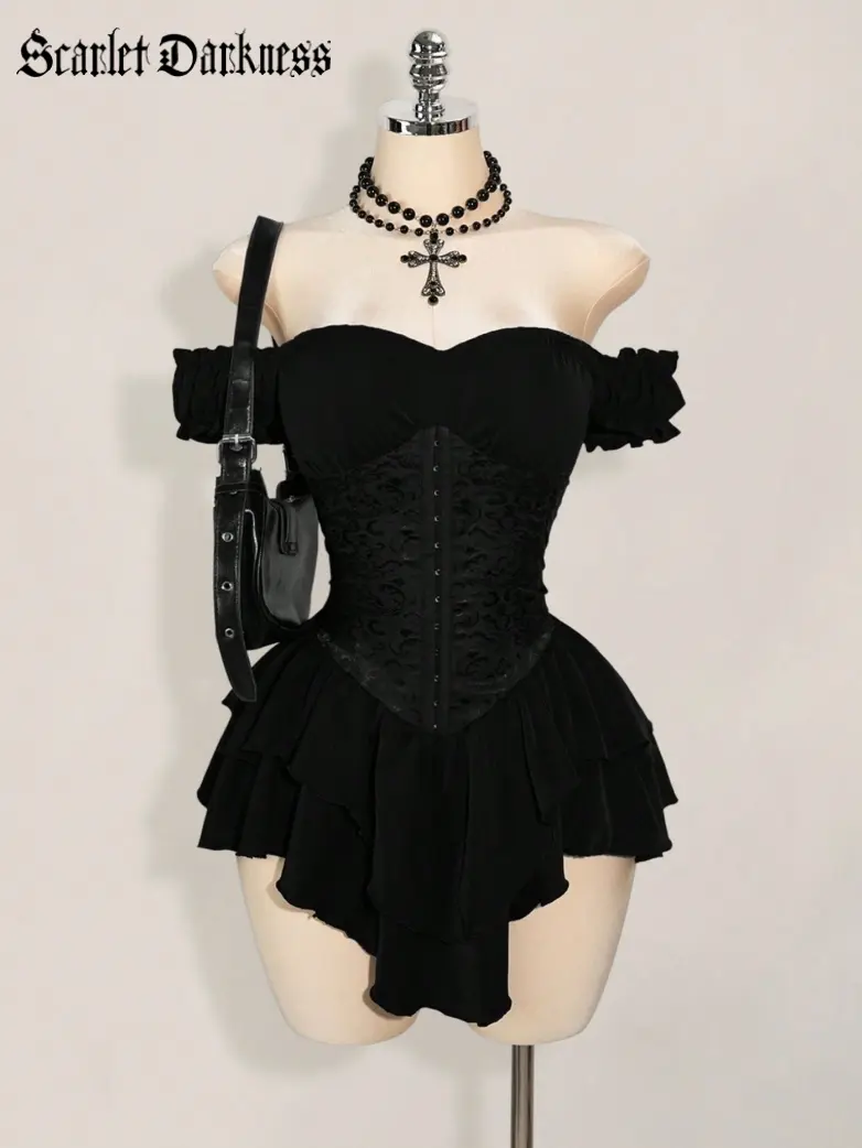 Off Shoulder Jacquard Corset Mini Dress - Image 14