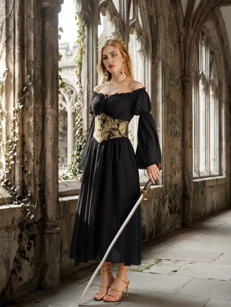 Renaissance Fantasy Fairy Off Shoulder Belted Dress With Pockets - Image 11