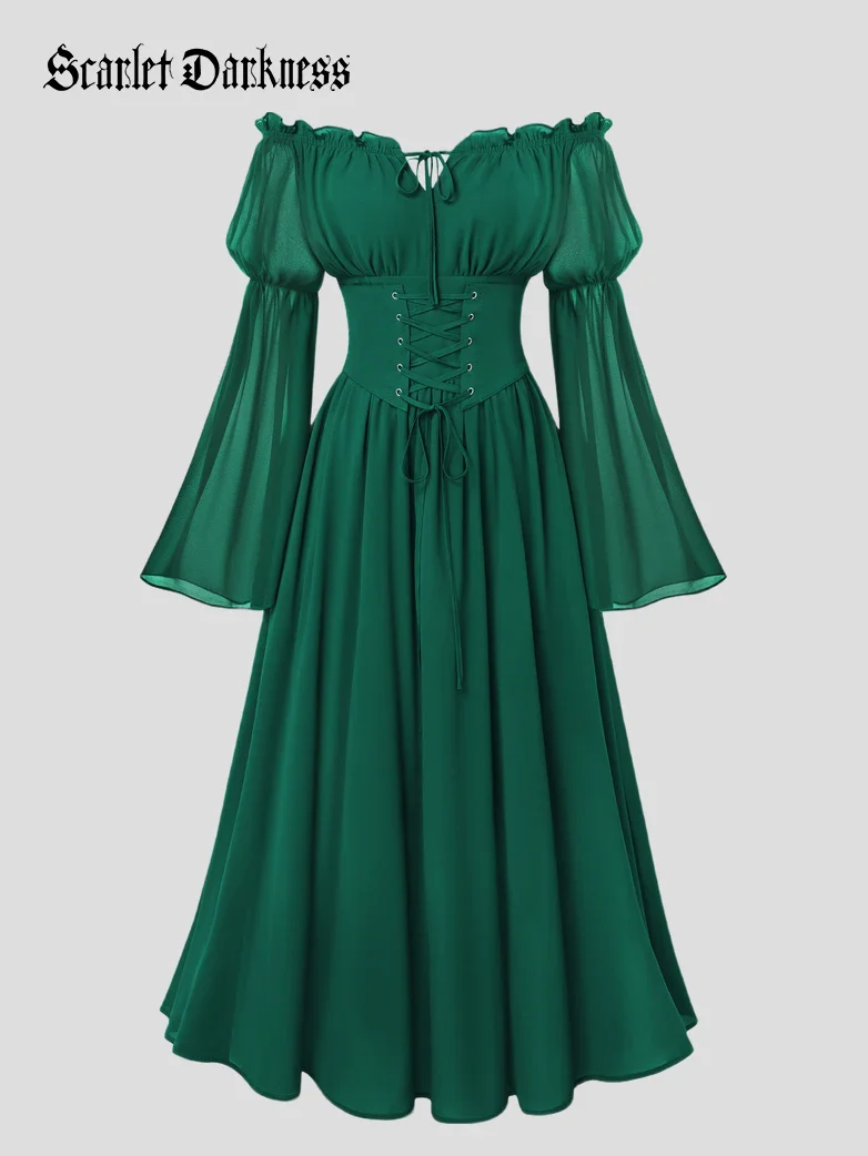 Renaissance Fantasy Fairy Off Shoulder Belted Dress With Pockets - Image 14