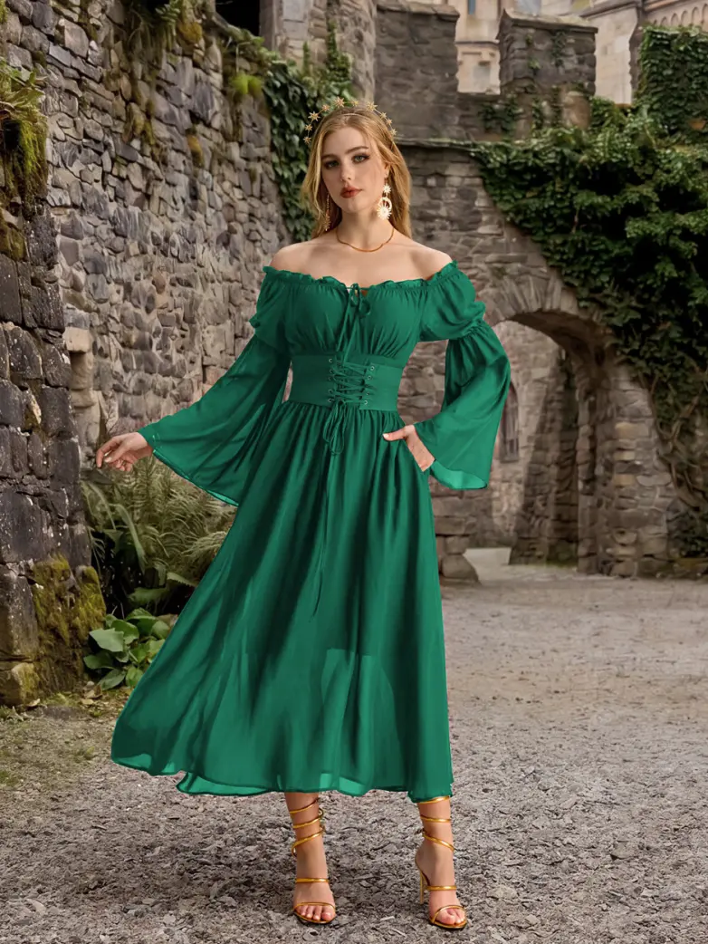 Renaissance Fantasy Fairy Off Shoulder Belted Dress With Pockets - Image 15