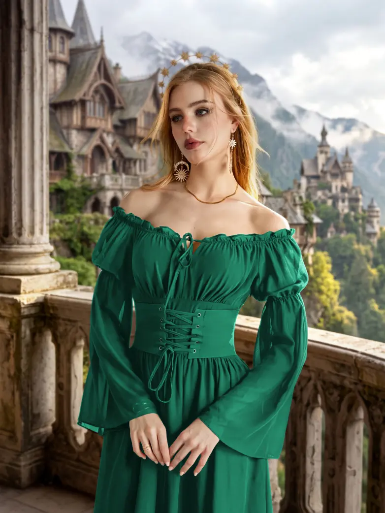 Renaissance Fantasy Fairy Off Shoulder Belted Dress With Pockets - Image 16