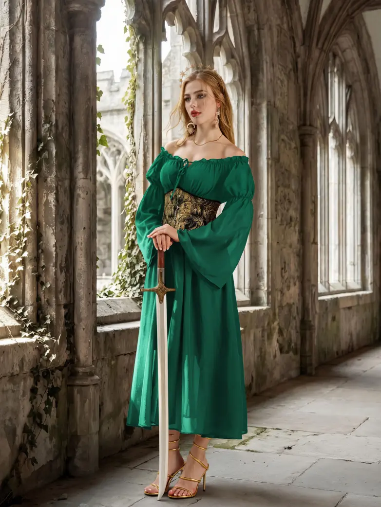 Renaissance Fantasy Fairy Off Shoulder Belted Dress With Pockets - Image 17
