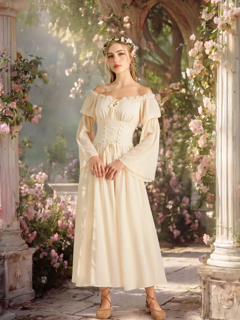 Renaissance Fantasy Fairy Off Shoulder Belted Dress With Pockets - Image 2