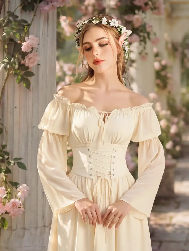 Renaissance Fantasy Fairy Off Shoulder Belted Dress With Pockets - Image 3