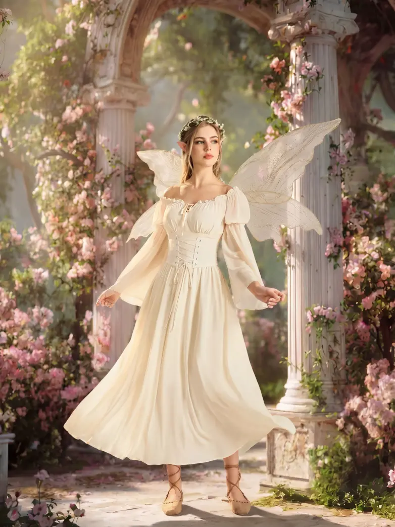 Renaissance Fantasy Fairy Off Shoulder Belted Dress With Pockets - Image 4