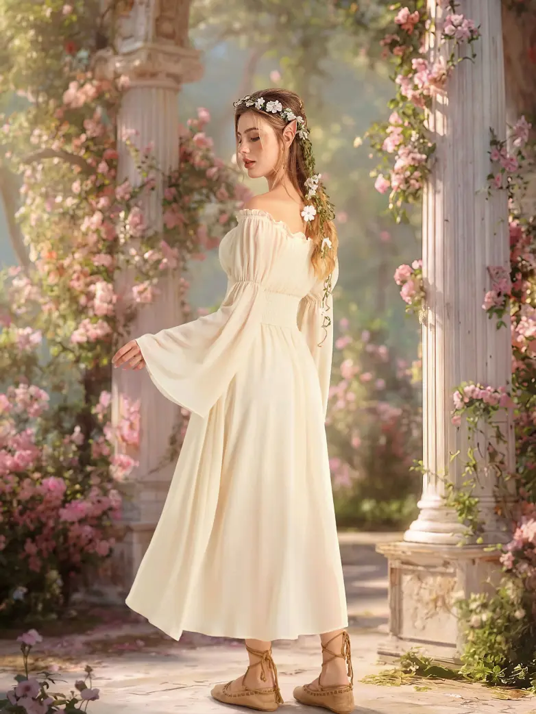 Renaissance Fantasy Fairy Off Shoulder Belted Dress With Pockets - Image 5