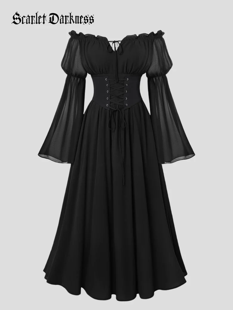 Renaissance Fantasy Fairy Off Shoulder Belted Dress With Pockets - Image 8