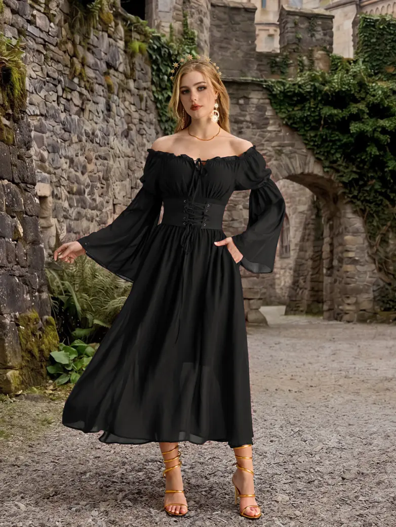 Renaissance Fantasy Fairy Off Shoulder Belted Dress With Pockets - Image 9