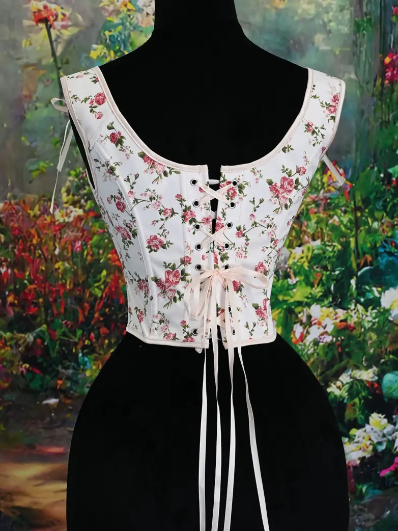 Women's Victorian Lace-Up Floral Piercing Corset Top - Image 6