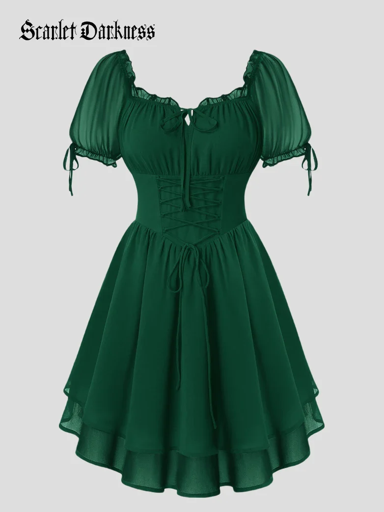 Renaissance Corset Puff Sleeves Mini Dress With Pocket
