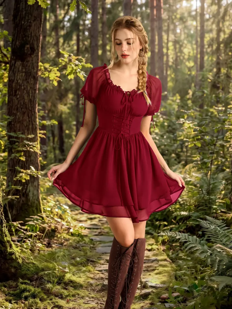 Renaissance Corset Puff Sleeves Mini Dress With Pocket - Image 15
