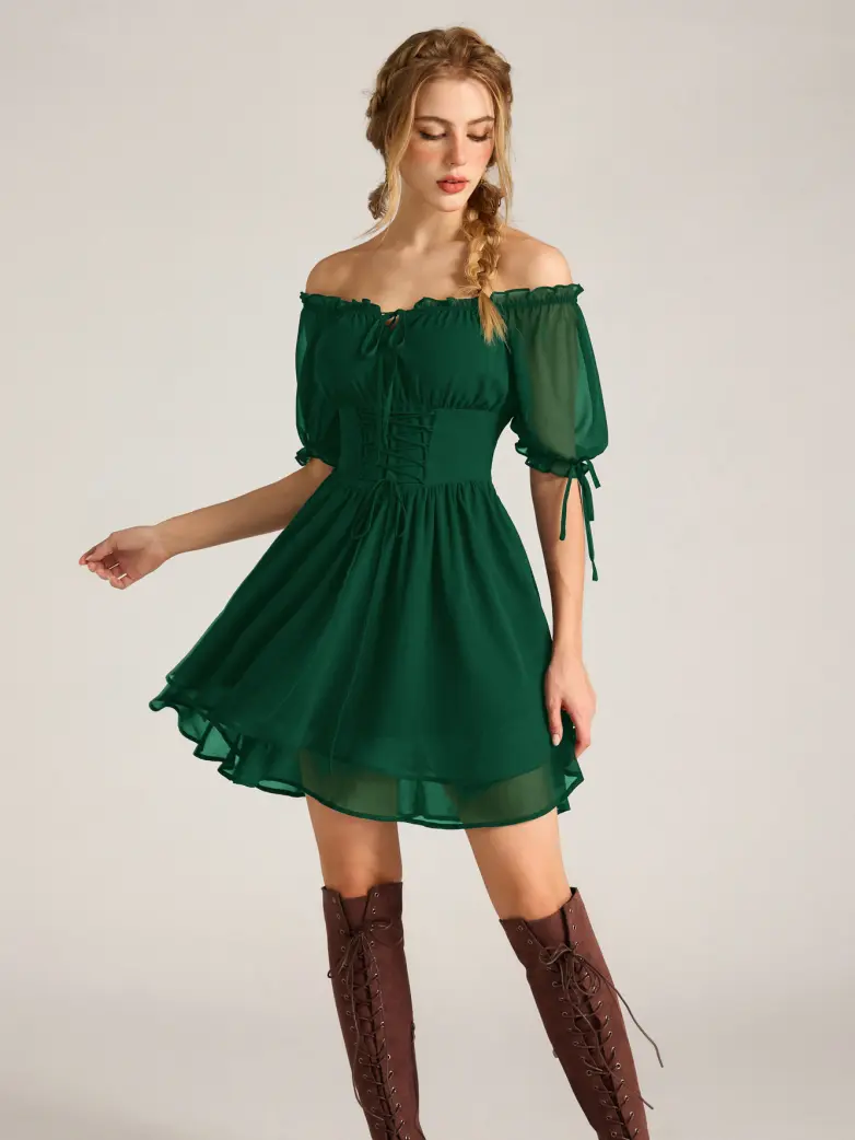 Renaissance Corset Puff Sleeves Mini Dress With Pocket - Image 2