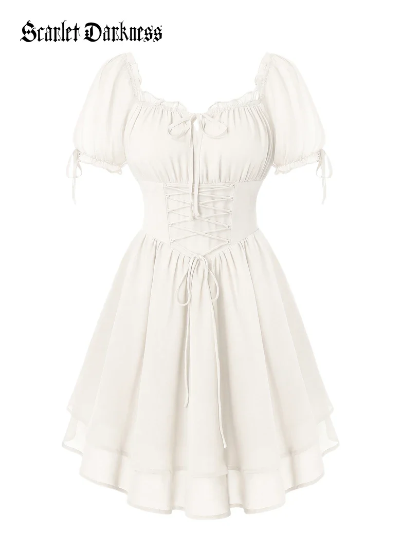 Renaissance Corset Puff Sleeves Mini Dress With Pocket - Image 29