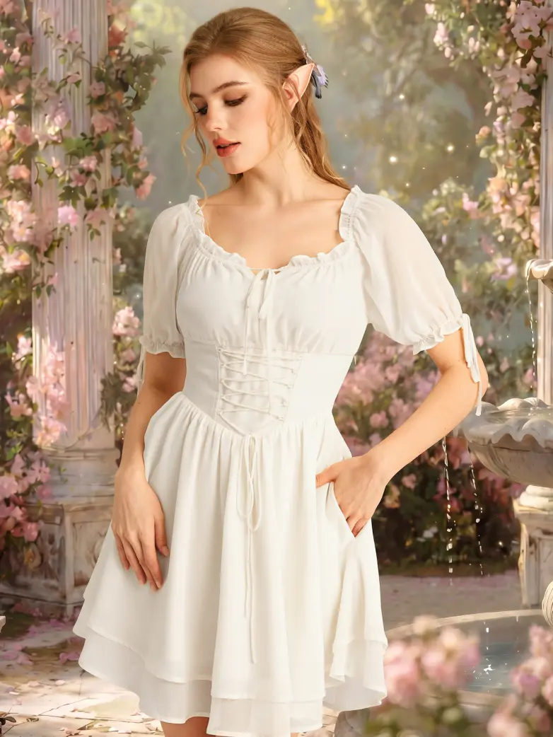 Renaissance Corset Puff Sleeves Mini Dress With Pocket - Image 31