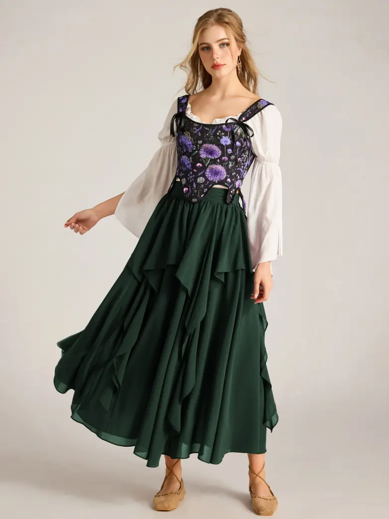 Renaissance High Waist  Ruffle Maxi Skirt With Elastic Waist - Image 16