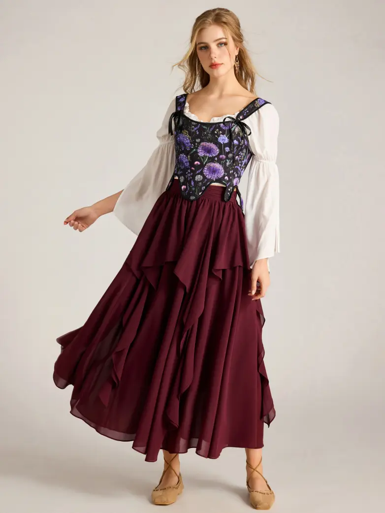 Renaissance High Waist  Ruffle Maxi Skirt With Elastic Waist - Image 2