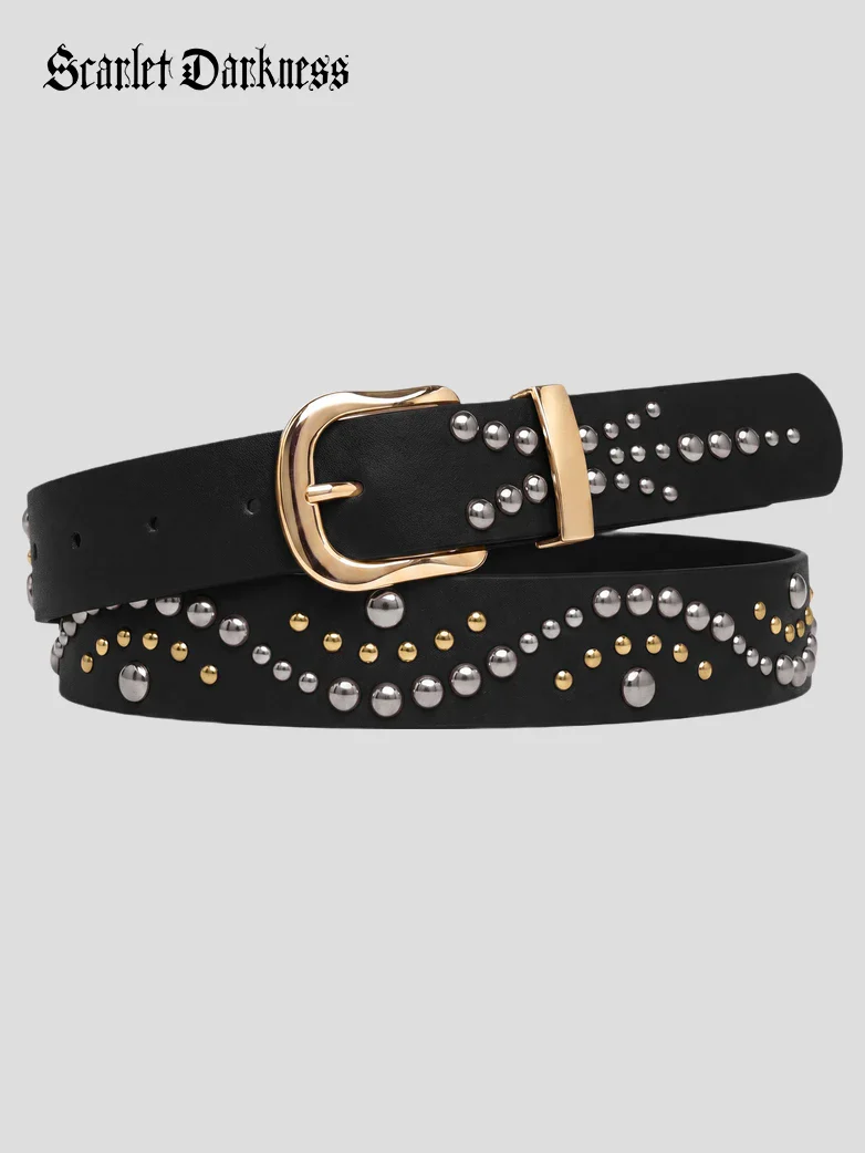 Women’s Leather Western Belt with Gold Buckle and Metal Studs